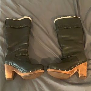 UGG Black leather shearling tall clog boots